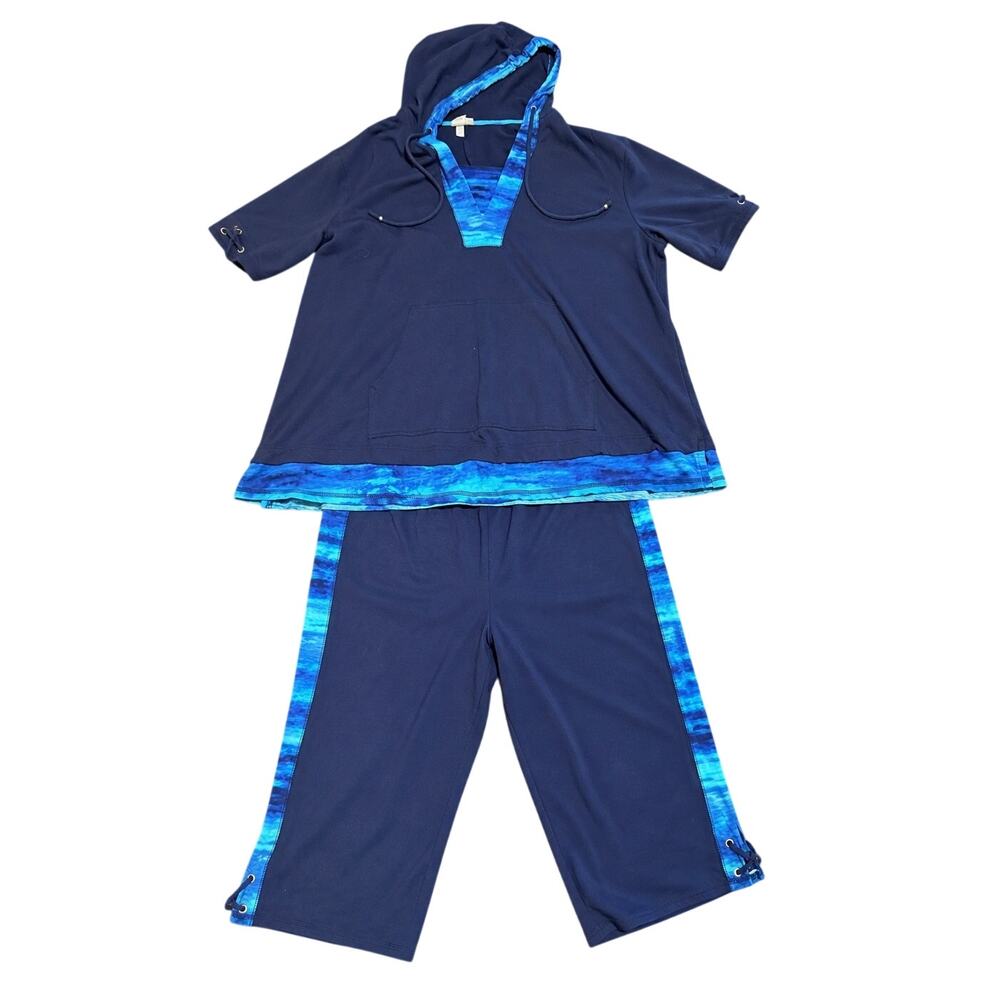 Catherines Activewear Set, Capri Pants Hooded Top, Stretch Lounge, Plus Size